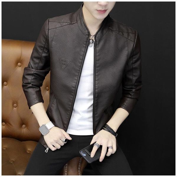 

leather men's spring and autumn new korean slim and plush jacket men's handsome thin motorcycle jacket, Black