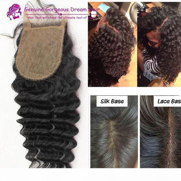 

silk base deep wave lace closure 4*4inch human hair closure silk base closure 10-20inch middle 3part, Black;brown