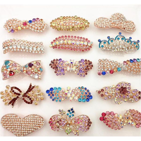 

new barrettes hair clips spring clip bling bling rhinestone hair pearl heart bow crown flower leaf wholesale wedding hair jewelry jwu13, Golden;silver