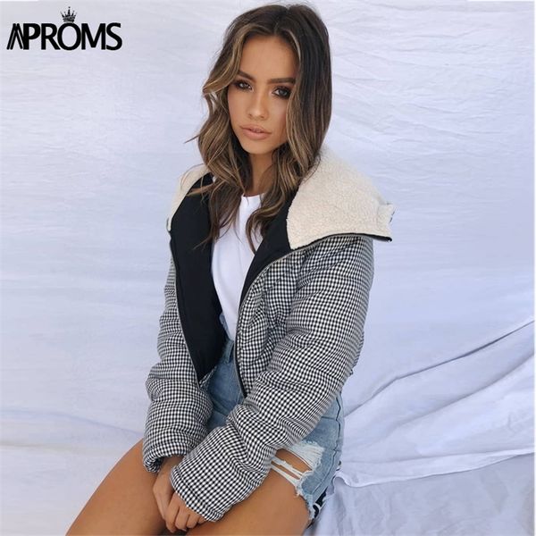

aproms elegant plaid hooded parka women autumn winter zippers female cotton padded cropped coat ladies warm outwear overcoats 201214, Black