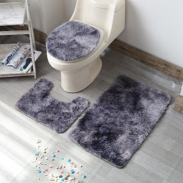 

carpets 3pcs/set tie dyeing plush mats bathroom absorbent carpet polyester non-slip rug toilet lid cover long fur floor mat