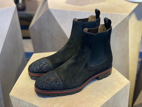 

elegant designer winter gentleman ankle boots red bottom melon boots spikes & strass calfskin rubber lug sole man booty famous party wedding, Black