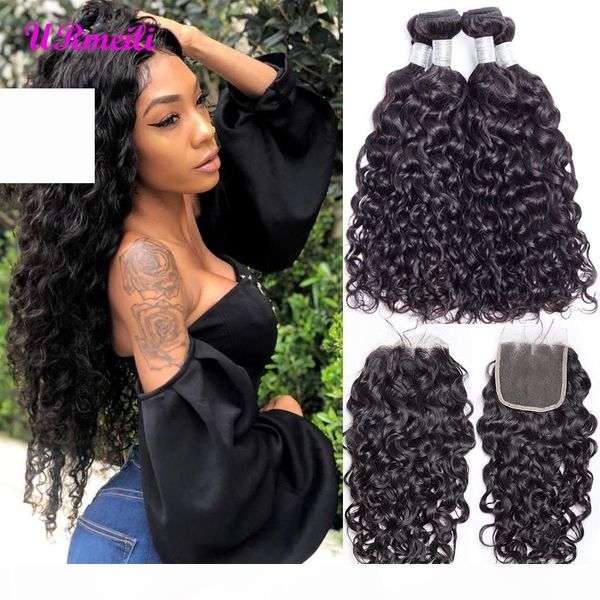 

peruvian virgin hair 3 4 water wave bundles with closure peruvian hair water weave bundles with closure human hair bundles with closure, Black;brown