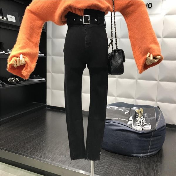 

high waist washed jeans, women's fall and winter, new loose baggages, nine pairs of trousers, black trousers, bottom bottoming p1, Blue