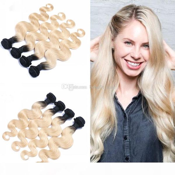 

t#1b 613 virgin brazilian ombre hair body wave 4pcs lot dark 1b root 613 blond ombre human hair weaving weft bundles for woman, Black