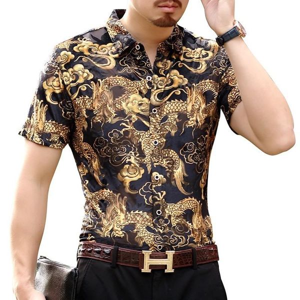 

men's casual shirts golden velvet dragon short-sleeved shirt 2021 summer blue hawaiian burn transparent uomo, White;black