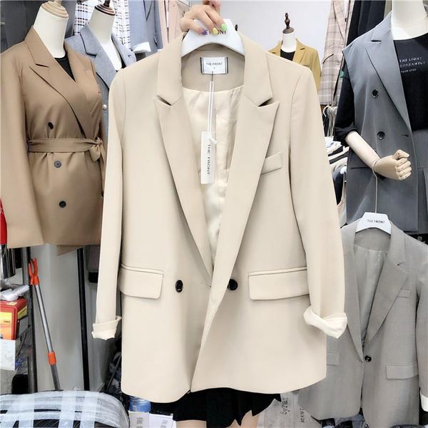 

2021 new autumn women office wear suit blazer female solid casual single breasted coat long sleeve notched collar jacket q73, White;black
