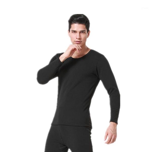 

autumn and winter super thick men's thermal underwear set up with flannel thickening young middle-aged round collar pure col men1, Black;white