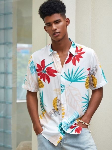 

men single breasted tropical print shirt q2xg#, White;black