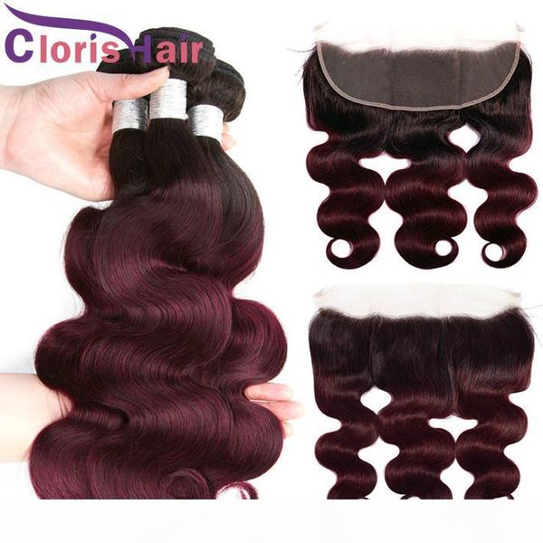 

ombre 1b 99j bundles with frontal colored burgundy body wave malaysian virgin human hair weave 3 bundles with full frontals closure 13x4, Black;brown