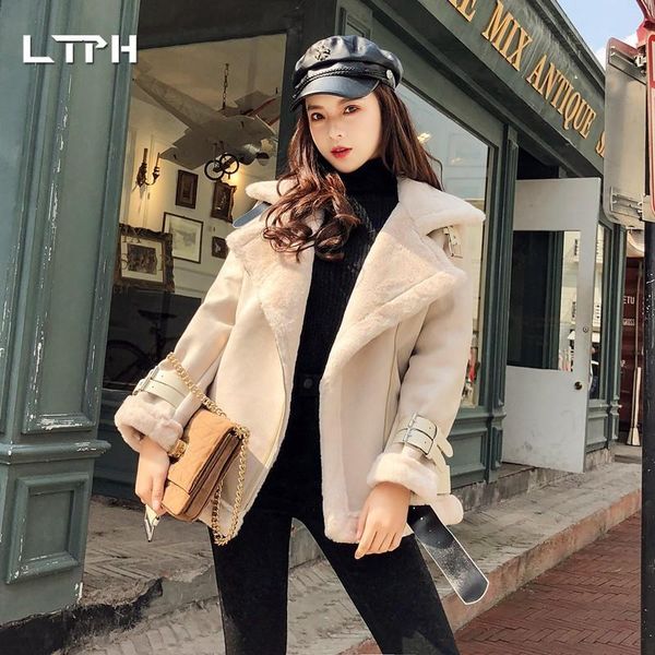 

ltph высокое качество корейский тонкий пальто искусственная шуба женщины утолщенные теплые деерскин замша осложневая куртка элегантная верхн, Black