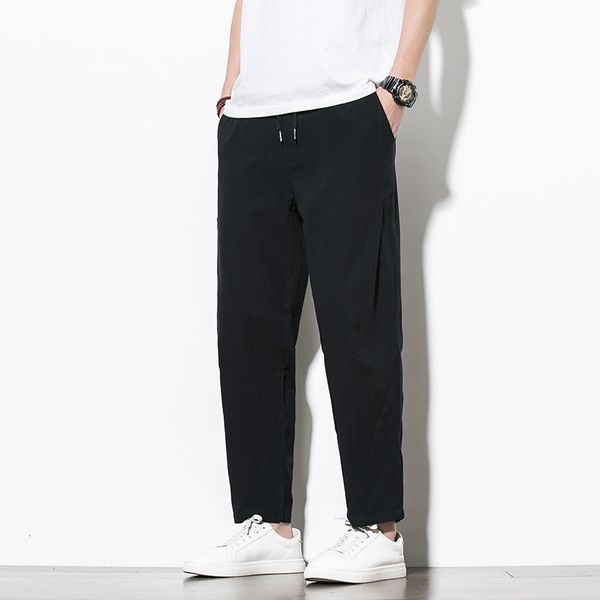 

thin straight summer new chinese style cotton linen loose large casual pants men's, Black