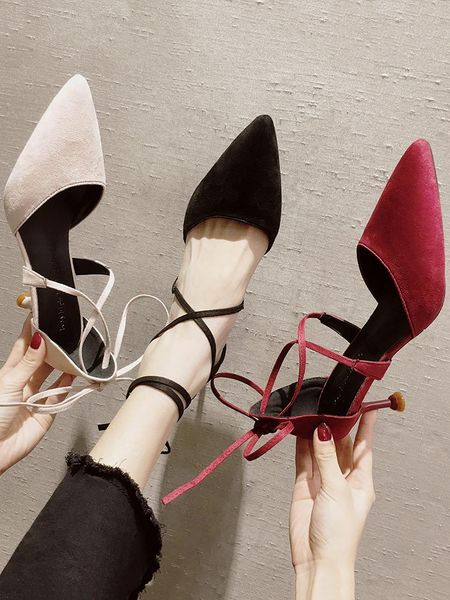 

high heels female 2021 new wild pointed stiletto straps hollow single shoes, Black