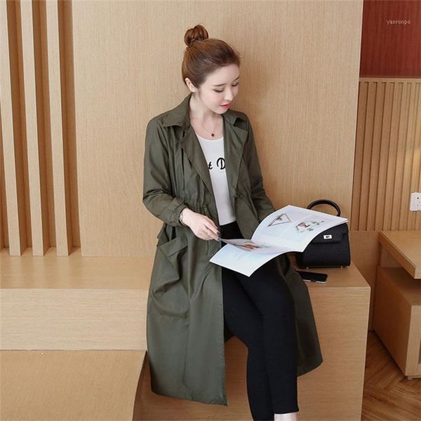 

trench coat women korean style spring autumn mid-long large size casual windbreaker long sleeve drawstring loose thin coat k2921, Tan;black
