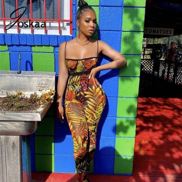 

joskaa sheer mesh sleeveless backless slim-fit strap strapless bra printed romper nightclub outfits women two-piece set 201012, White