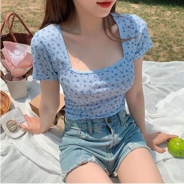 

fashion bm style trend short women's high waist open navel tight square neck small floral t-shirt, Black;gray