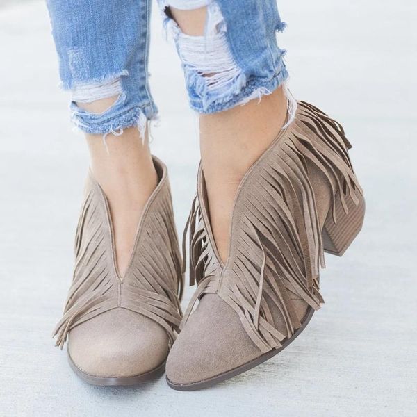 

fashion nice winter women shoes retro fringe suede high heel ankle boots female mid heels casual mujer booties feminina1, Black