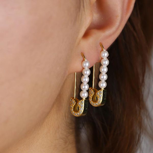 

gold color sparking bling unique disco bead moving peal beaded safety pin earrings for women girls delicate charm jewelry gifts, Golden;silver