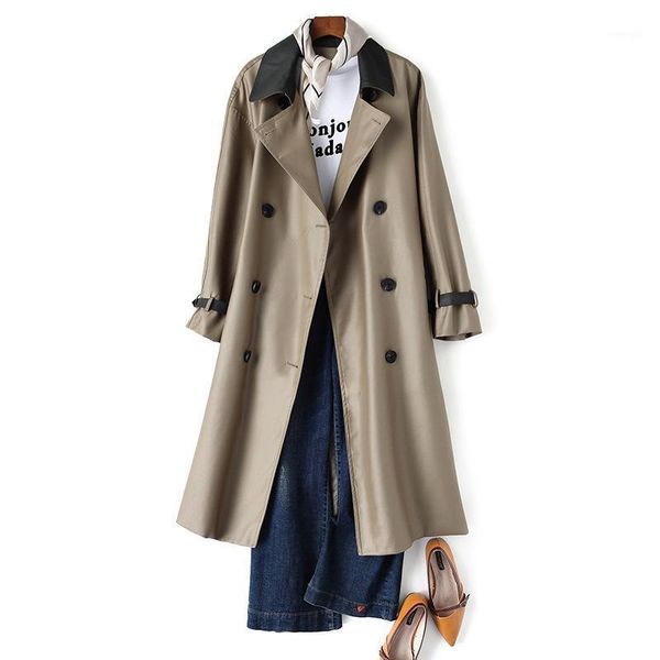 

european and american fashion splicing temperament women's trench coat double paikou autumn dress with a waist coat1, Tan;black