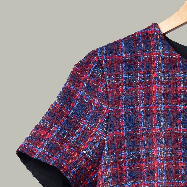 

2023 spring short sleeve round neck purple plaid tweed panelled buttons short dress women fashion dresses s27183227, Black;gray