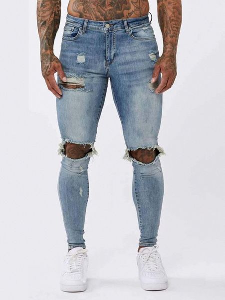 

romwe guys ripped slant pocket jeans a9p1#, Blue