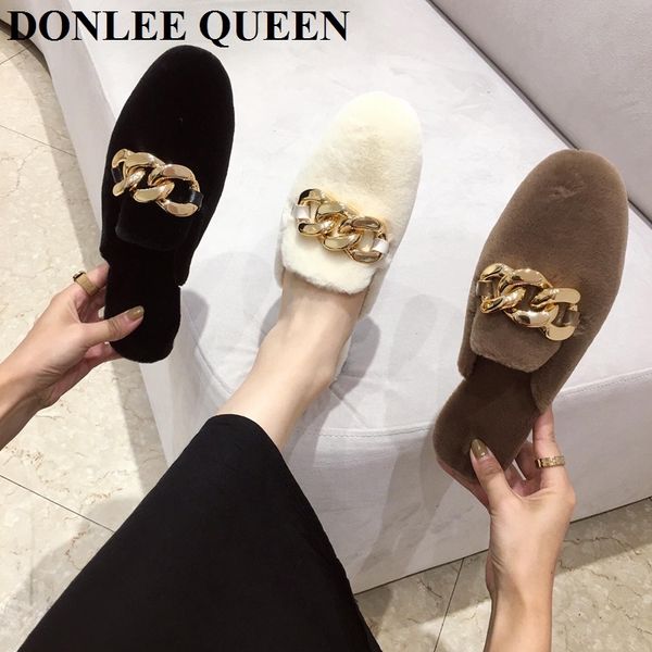 

fur mule shoes women winter warm plush slippers slip on slides flat casual loafer metal buckle outdoor slipper home slides mujer y1202, Black