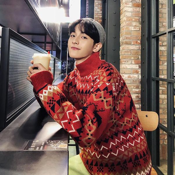 

sweater men's loose new year's half high collar christmas t-shirt1, White;black