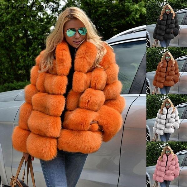 

lugentolo faux fur women winter warm coat luxury faux hair long sleeve jacket elegant short cardigan solid lady coats1, Black