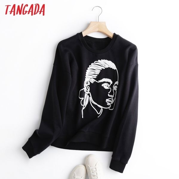 

tangada women charater print fleece sweatshirts oversize long sleeve o neck loose pullovers female 2e15 201113, Black