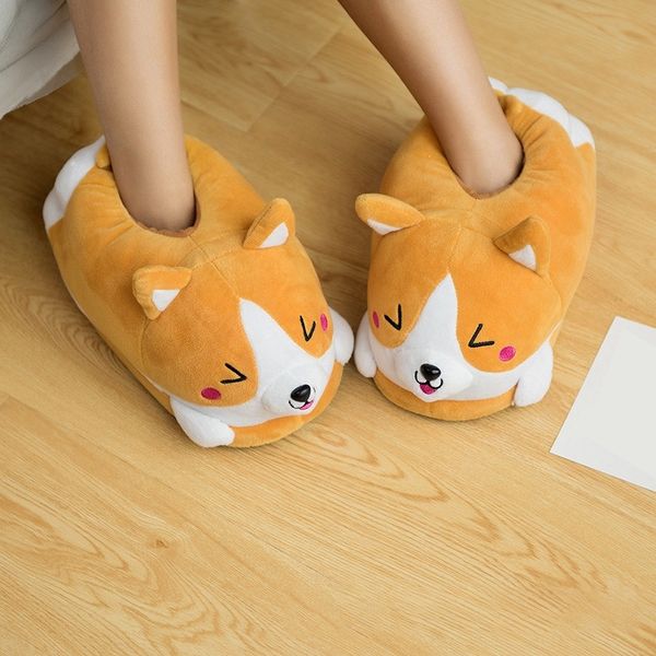 

women slippers winter warm home plush cute corgi slippers flock indoor women's shoes casual slip on ladies flats female new y201026, Black