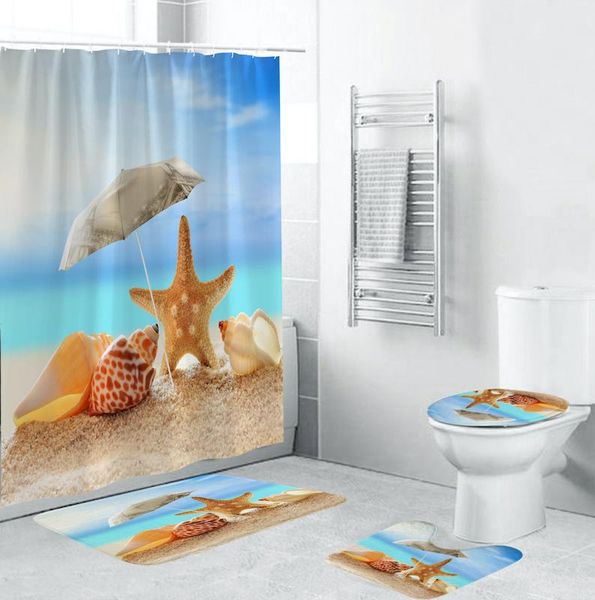 

summer beach holiday bath curtain set ocean shell starfish print shower curtain toilet lid cover anti slip bathroom rugs 4 piece