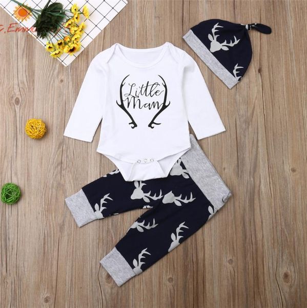 

3pcs newborn baby clothes set 0-18m boy clothes cotton long sleeve romper deer leggings hat, White