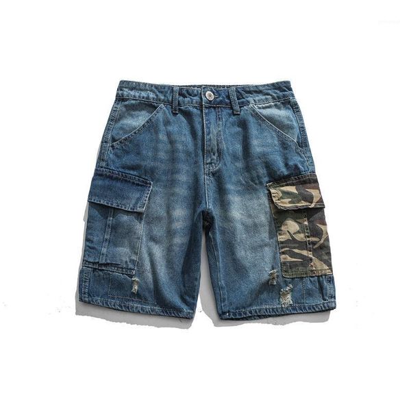 

camouflage color matching jeans casual shorts polyester cotton casual shorts regular pockets knee length1, Blue