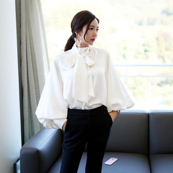 

2020 new korean style temperament lantern sleeve loose shirt versatile bow cold wind shirt women fashion white blouse