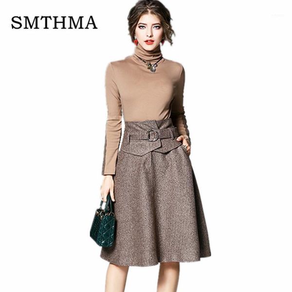 

smthma autumn spring runway woman high-necked ladies + knee length skirt england style outfit 2 piece skirt suit1, Gray