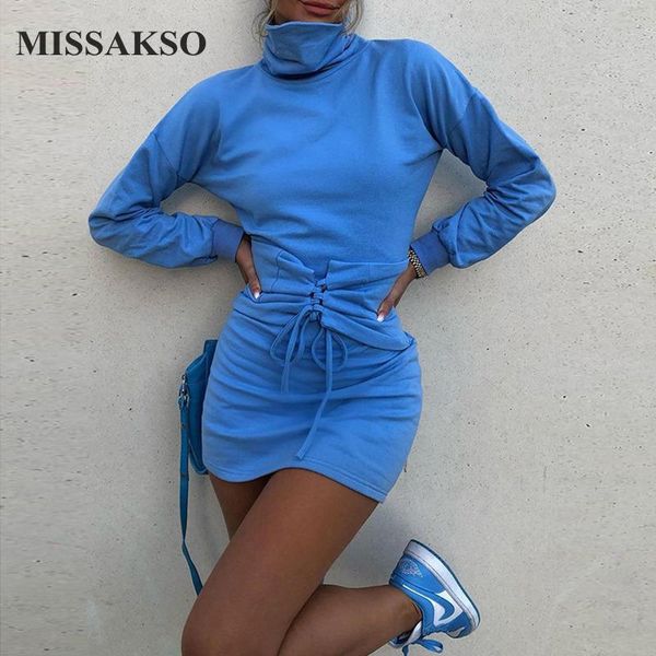 

missakso women turtleneck blue dress lace up streetwear elegant long sleeve fashion female party fall winter knitted mini dress, Black;gray