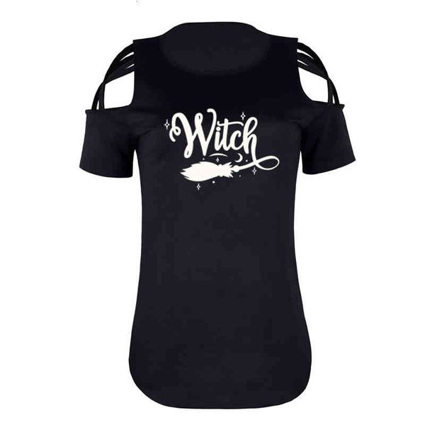 

Broom Graphic Print Women T-shirt Funny Women Halloween Costume T Shirt Fashion Autumn Hollow Out Short Sleeve Tops Camiseta, White
