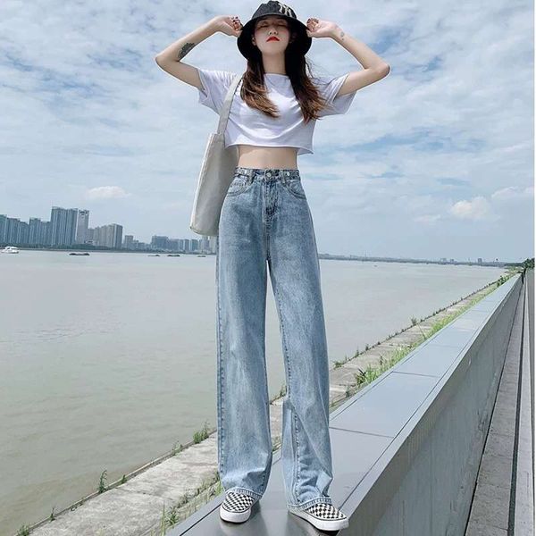 

2020 new autumn high waist wide leg students' elegant style loose straight tube jeans women's draping floor pants, Blue