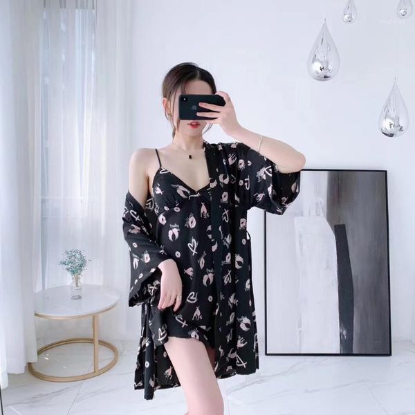 

black print sweetheart women 2pcs kimono robe strap nightdress faux silk bathrobe sleepwear spring summer home wear1, Black;red