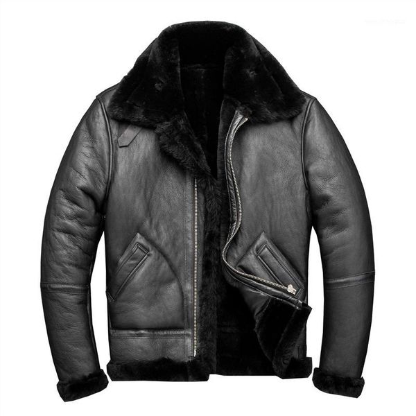 

men's leather & faux 2021 black men american style winter b3 bomber shearling coat real thick sheepskin pilot jacket 1