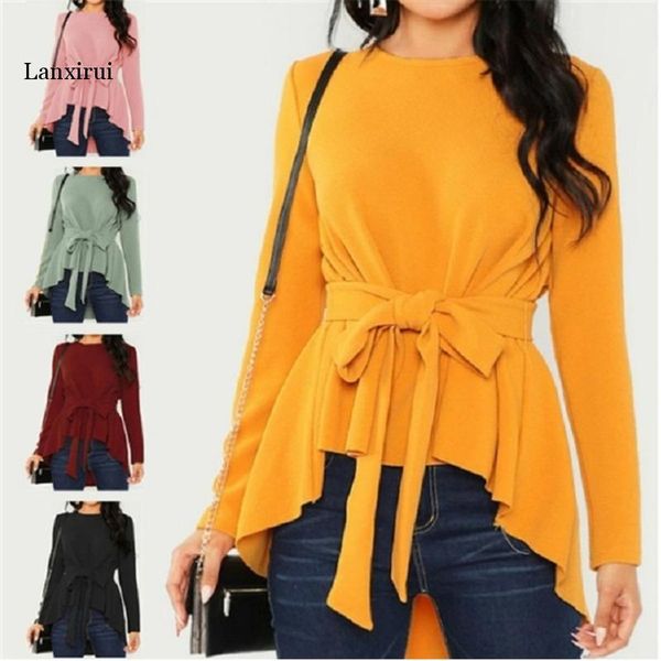 

plus size women shirt fashion long sleeve bowknot belt lace up blouse tunic ladies o-neck solid color shirts blusas s-5xl, White