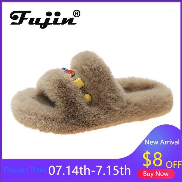 

slippers fujin fur slides for women indoor shoes plush sandals flats woman raccoon flip flops house home slippers1, Black