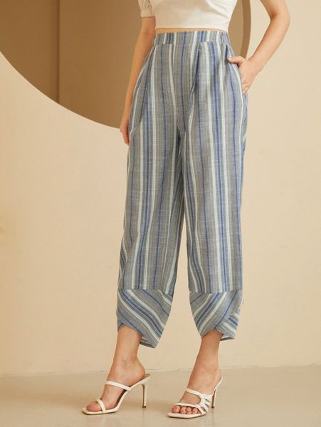 

1pc elastic waist wrap hem striped tapered pants 38jp#, Black;white