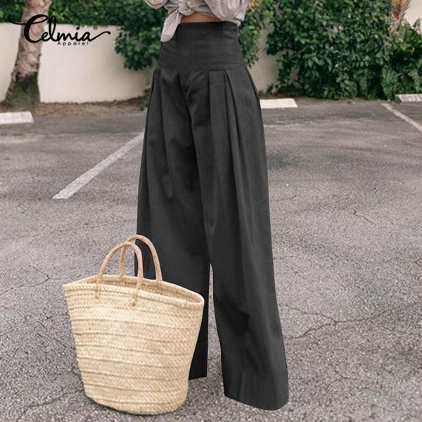 

2020 fashion wide leg pants women vintage high waist zipper casual trousers celmia loose pleated solid female plus size pantalon1, Black;white