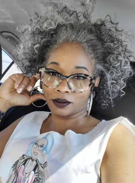 

african curly grey human hair ponytail updo women men er clips drawstring short afro kinky silver greys salt pepper natural gray real remy14, Black