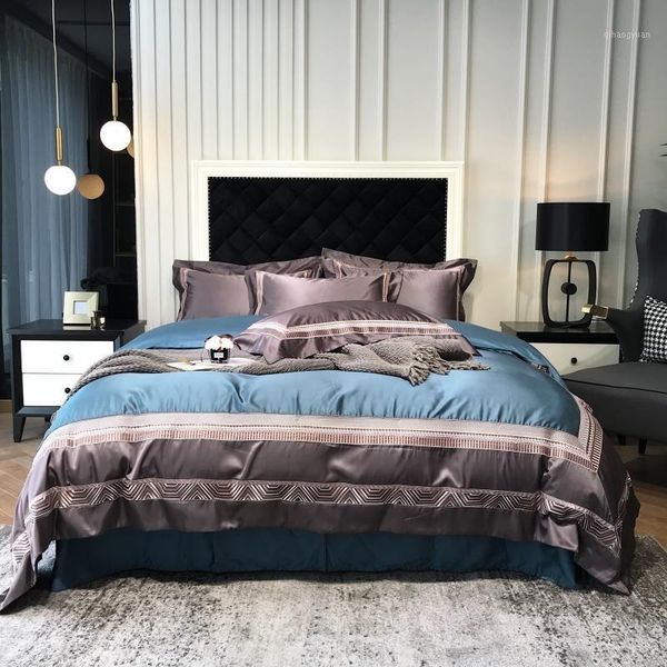 

luxury silky satin cotton duvet cover set golden blue patchwork bedding set 4pcs duvet comforter cover bed sheet pillowcases1