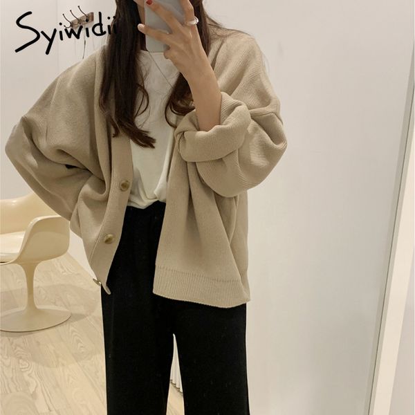 

syiwidii oversized knitted cardigans women harajuku brown sweater autumn winter 2021 korean casual vintage bla warm coat, Black
