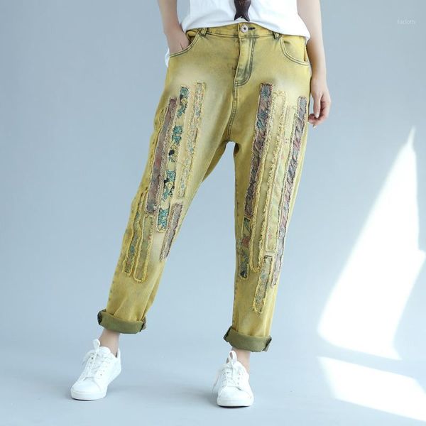 

women causal loose patchwork jeans ladies bleached denim pants female ripped elastic denim trousers vintage1, Blue