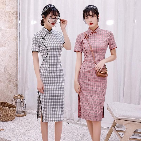 

vintage plaid female mini dress summer casual clothes cotton cheongsam handmade button dress size -3xl1, Red