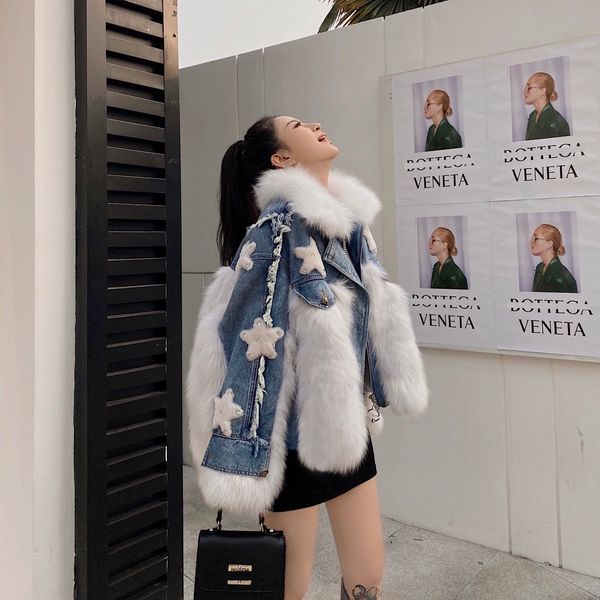 

winter 2020 new ladies in foxskin shredded star denies fur coat leather jackets multicolored women's jacket kkqs, Black